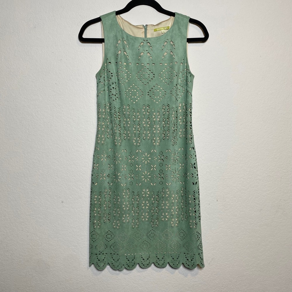Gianni Bini Green Faux Suede Laser‎ Cut Sleeveless Dress Size 2 Sheath